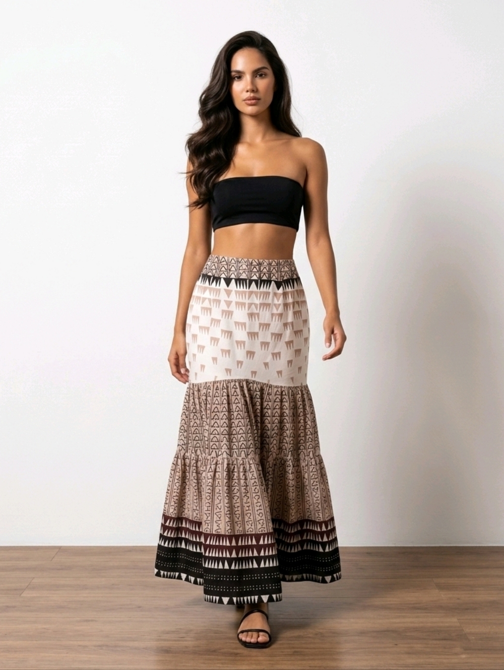 Handmade White Brown Maxi Skirt Trumpet Mermaid Graphic Boho Whimsigoth Sz M
